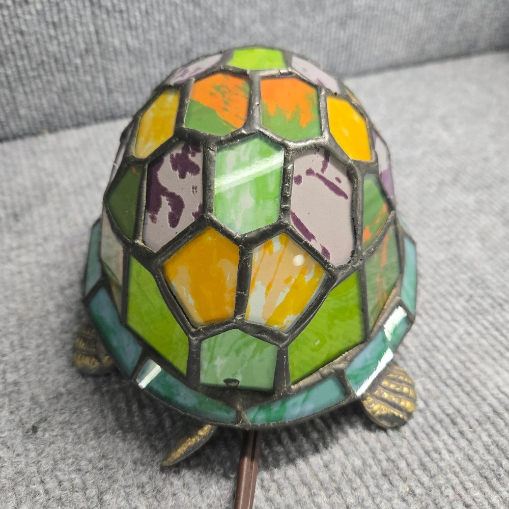 Vintage Tiffany Style Stained Glass Turtle Table Lamp Brass 8" Multicolor - Picture 5 of 8